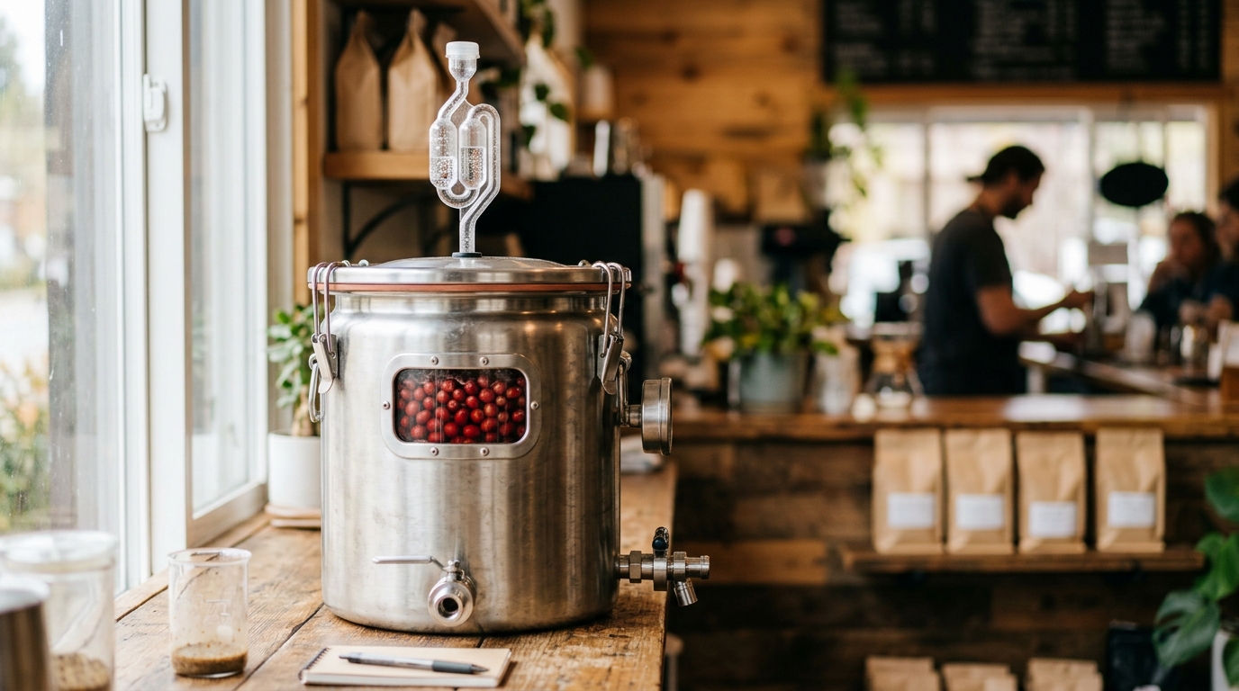 tangki fermentasi stainless steel tertutup dengan katup airlock, buah kopi merah di dalamnya