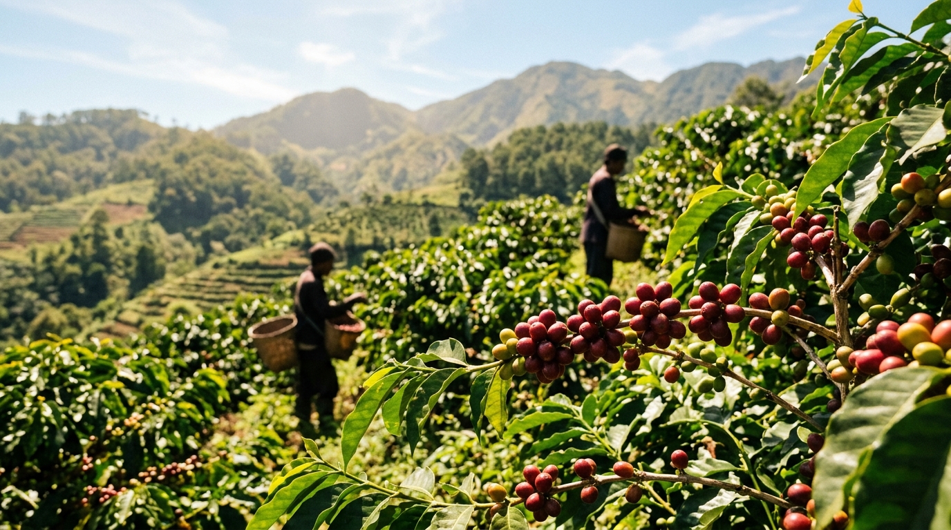 petani kopi memetik ceri merah di kebun pegunungan saat cuaca kering