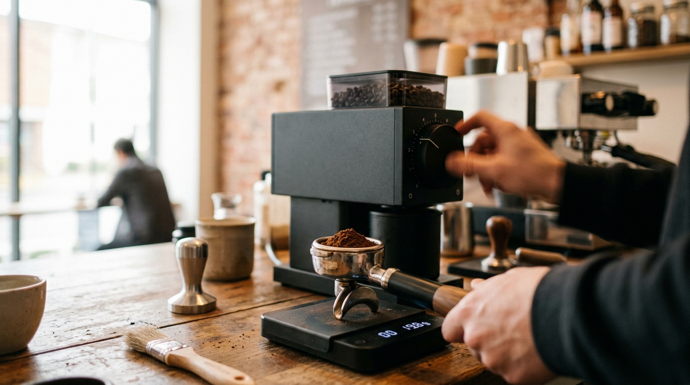 barista rumahan menyetel grinder sambil menimbang dosis espresso di portafilter, close-up