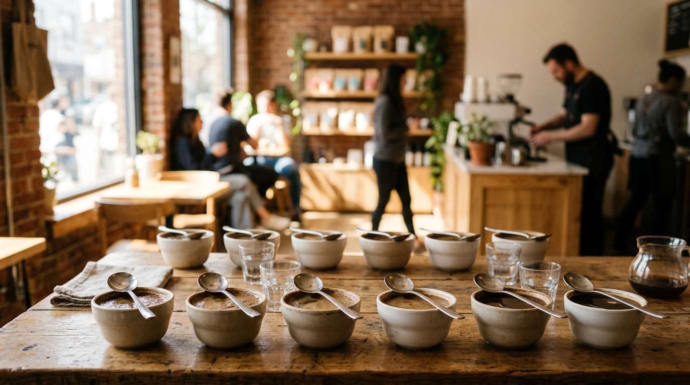sesi cupping kopi dengan beberapa mangkuk dan sendok cupping di atas meja