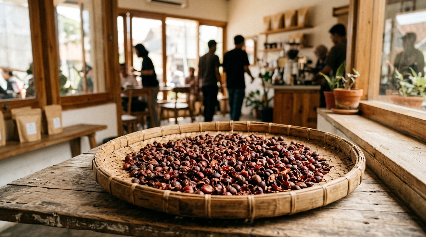 kulit ceri kopi kering berwarna merah kecokelatan di atas tampah bambu, dijemur di bawah matahari