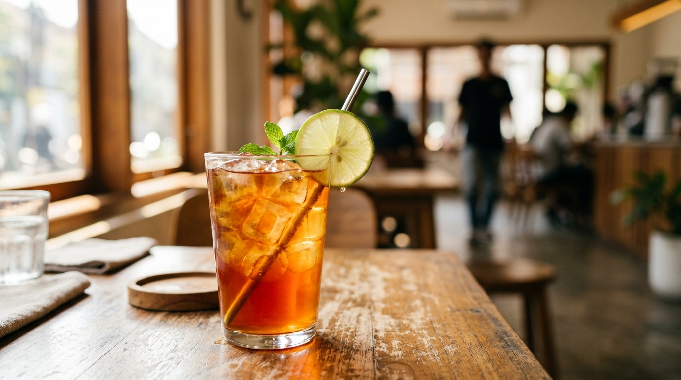 segelas seduhan cascara berwarna merah keemasan dengan es batu dan irisan jeruk nipis